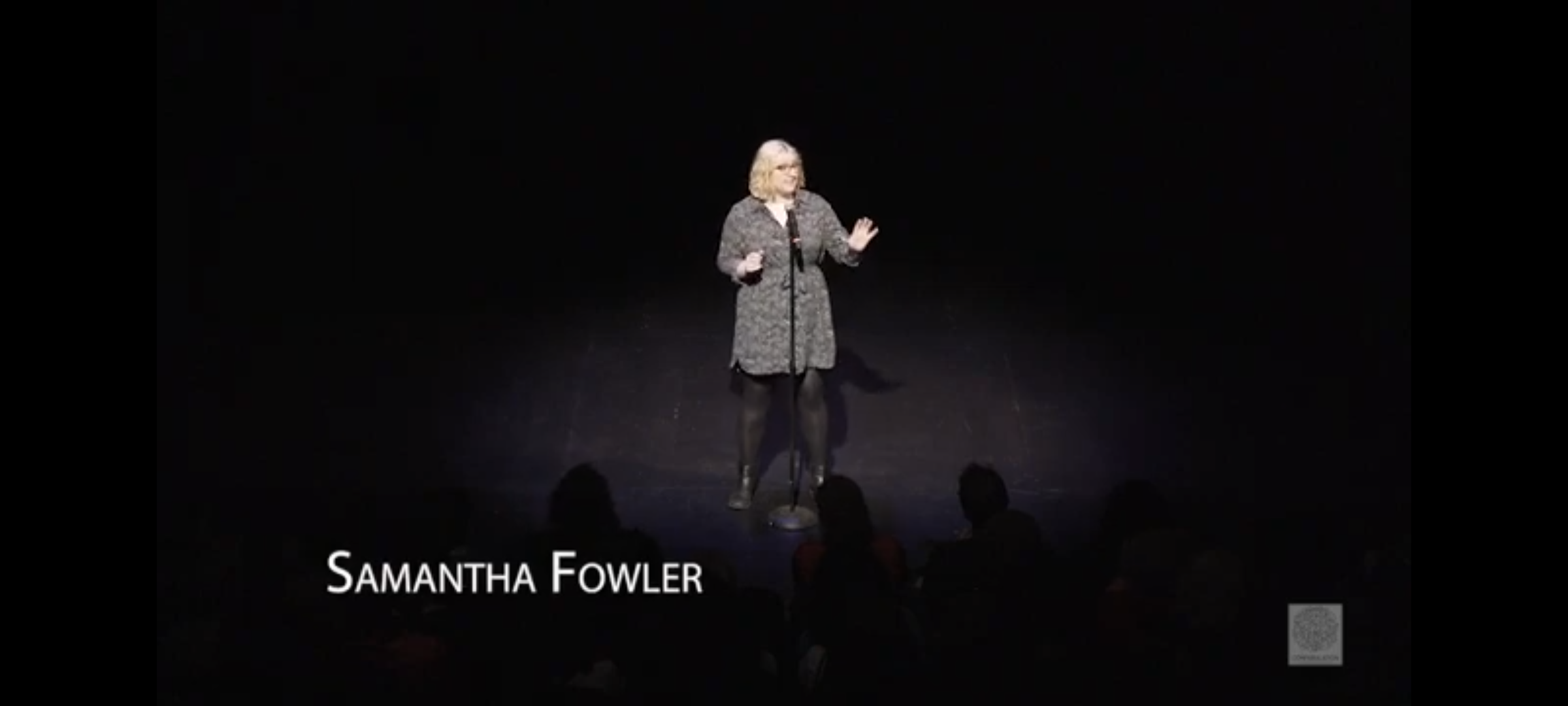 Samantha passionately shares her story at Confabulation, pictured in a scresenshot from the live recording.